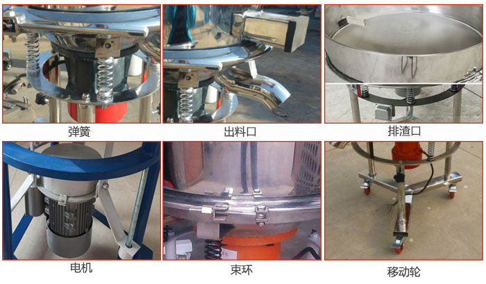 高頻振動篩結(jié)構(gòu)：電機(jī)，彈簧，出料口，排渣口，快拆束環(huán)等。