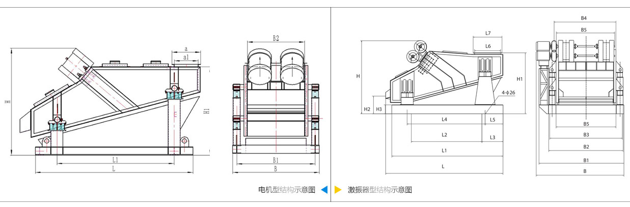 礦用振動篩電機振動式和激振器振動式的內部結構尺寸圖。