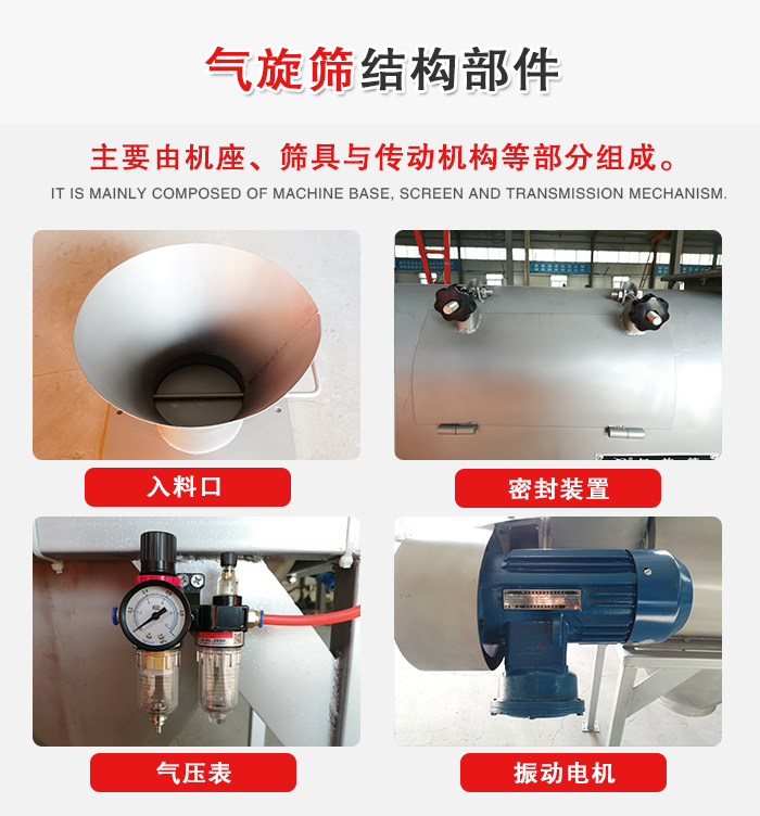 氣旋篩結(jié)構(gòu)：入料口，密封裝置，電機，氣壓表等